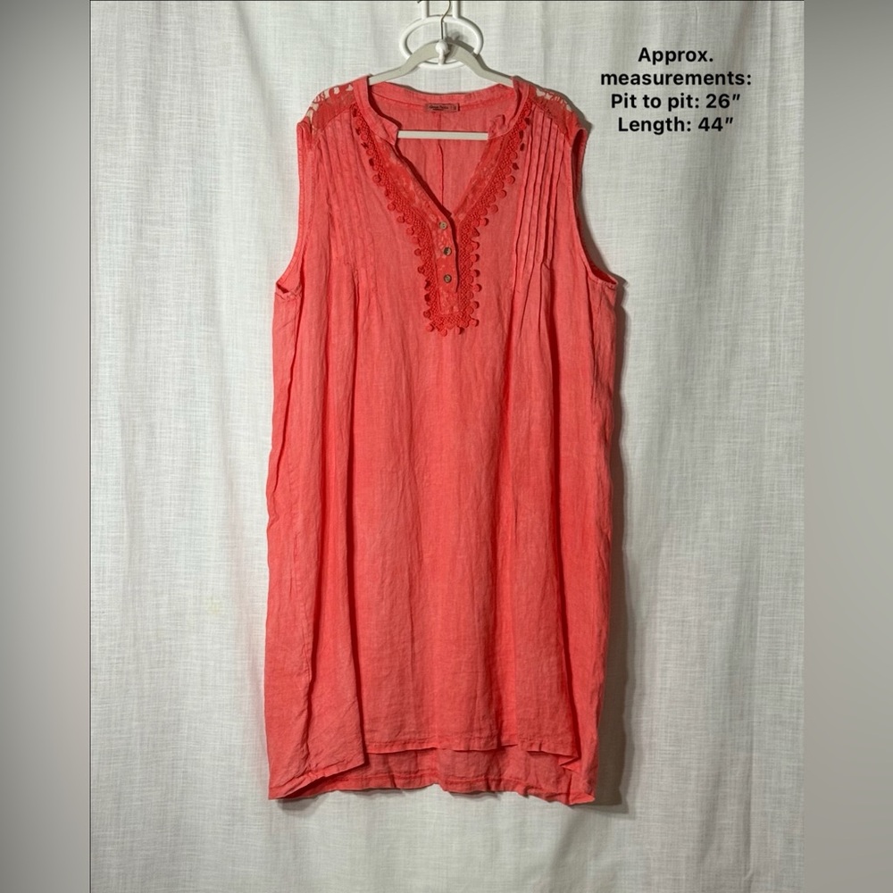 Alessia Pacini Coral Linen Sleeveless Tunic Dress‎ Lace Trim Made in Italy